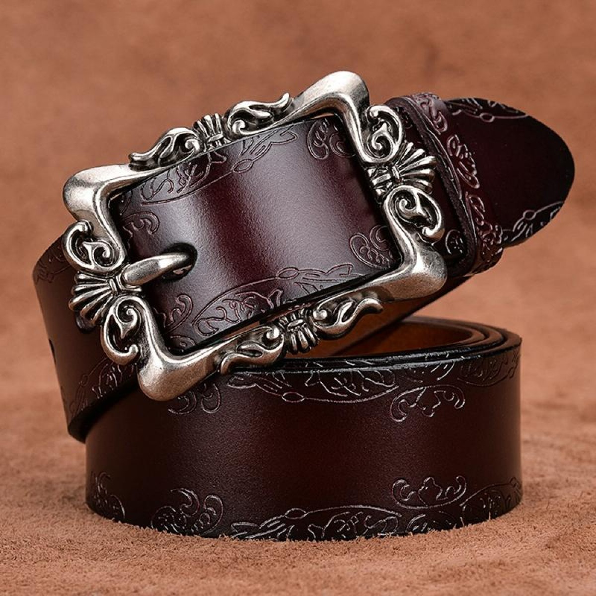 105cm Women Carved Leather Waist Band Simple Pin Buckle Belt(Coffee)