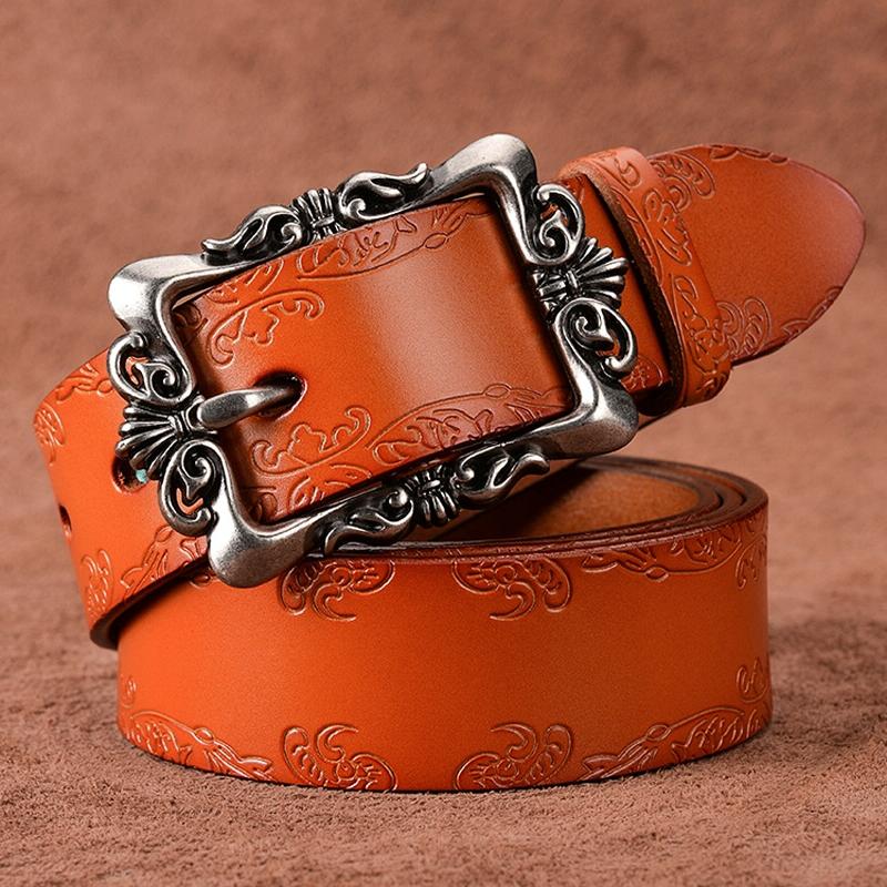 105cm Women Carved Leather Waist Band Simple Pin Buckle Belt(Camel)