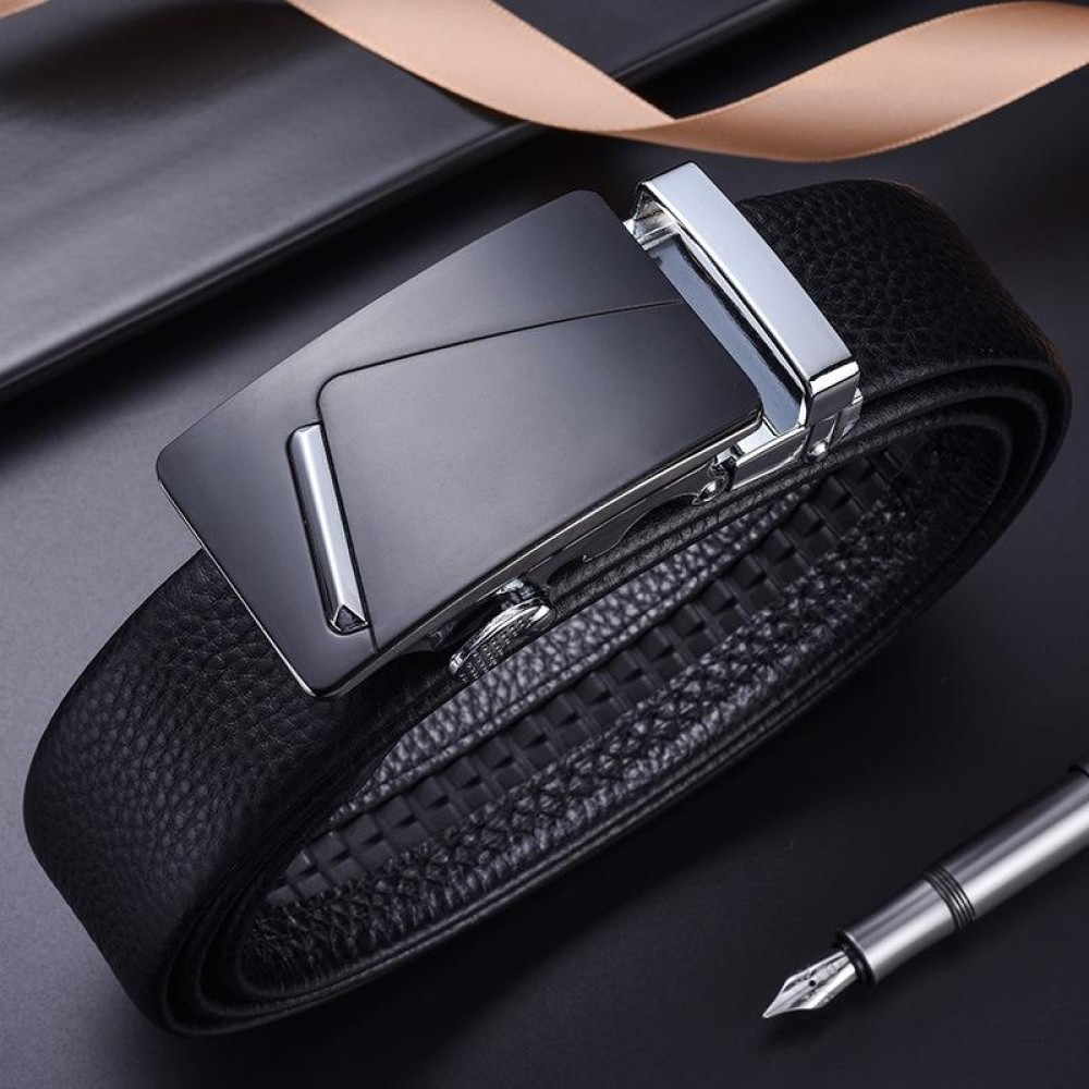 110cm Men Leather Automatic Buckle Belt Business Style Waist Band(K901 Silver)