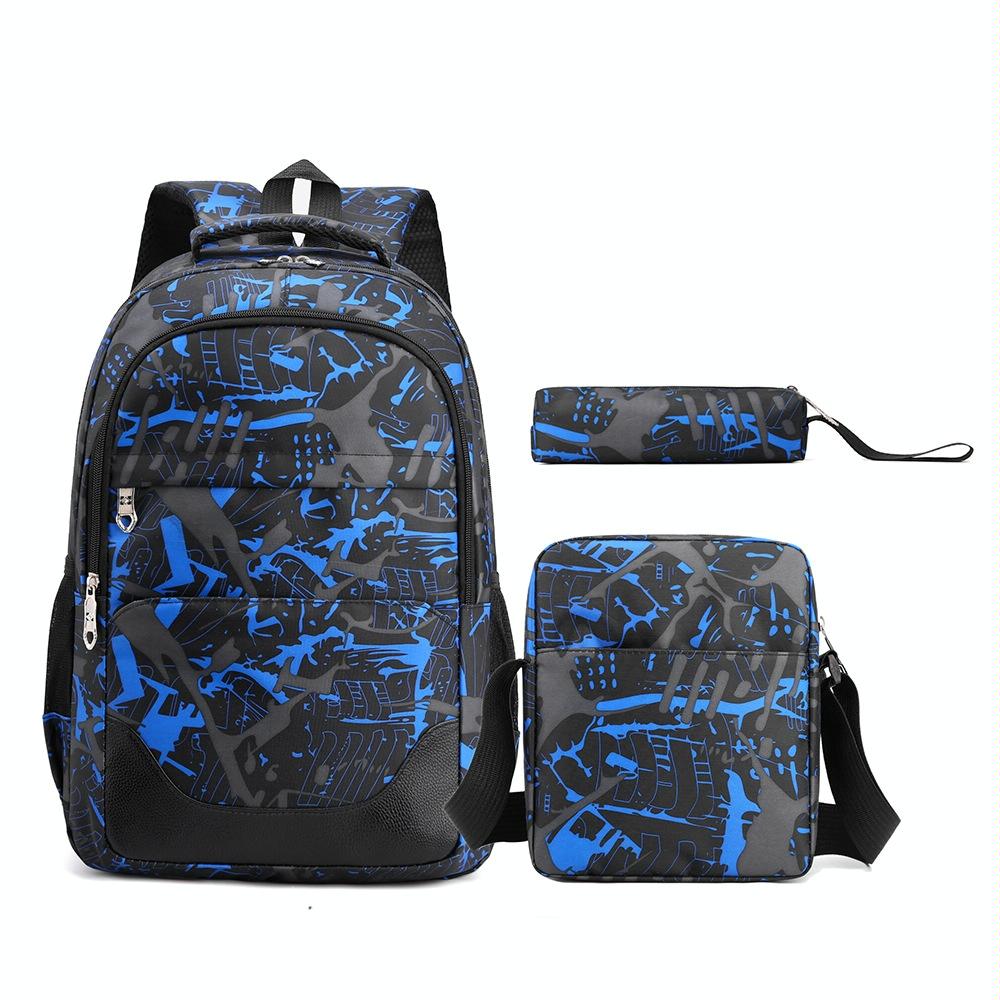 Three-Piece Student Backpack Set Casual Large Capacity Outdoor Travel Backpack(Blue Camouflage)