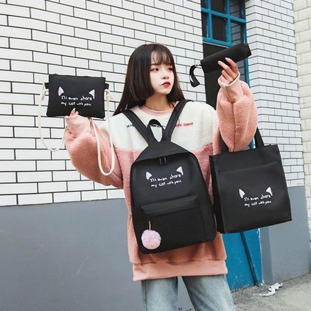 4pcs /Set Student Schoolbag Casual Outdoor Traveling Shoulder Bag(Black)
