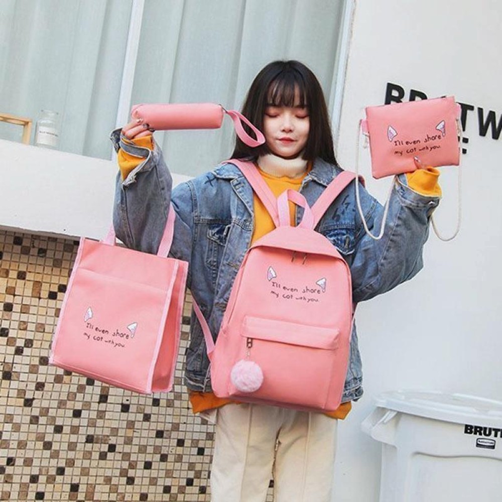 4pcs /Set Student Schoolbag Casual Outdoor Traveling Shoulder Bag(Pink)