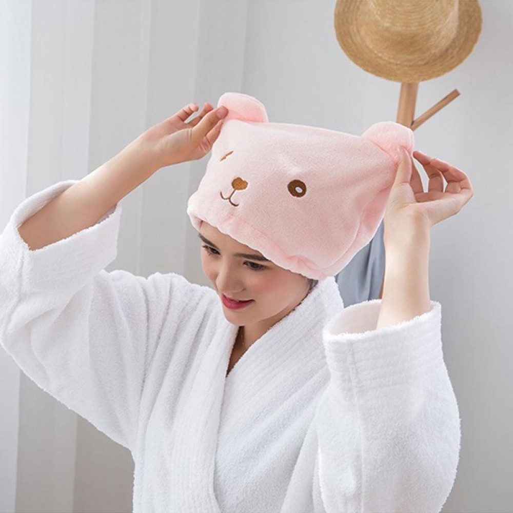 Cartoon Bear Thickened Coral Velvet Hair Drying Cap Strong Water-absorbent Quick-drying Turban(Pink)