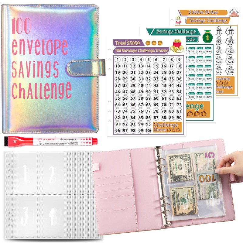 100 Day Savings Challenge A5 Loose Leaf Cash Budget Notebook(Colorful Silver)