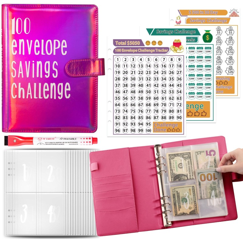 100 Day Savings Challenge A5 Loose Leaf Cash Budget Notebook(Rose Red)