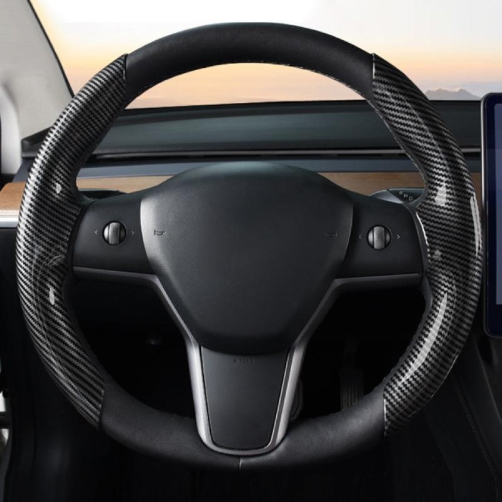 For Tesla Model3/Y 30cm Carbon Fiber Pattern Steering Wheel Handlebar Cover(Black)