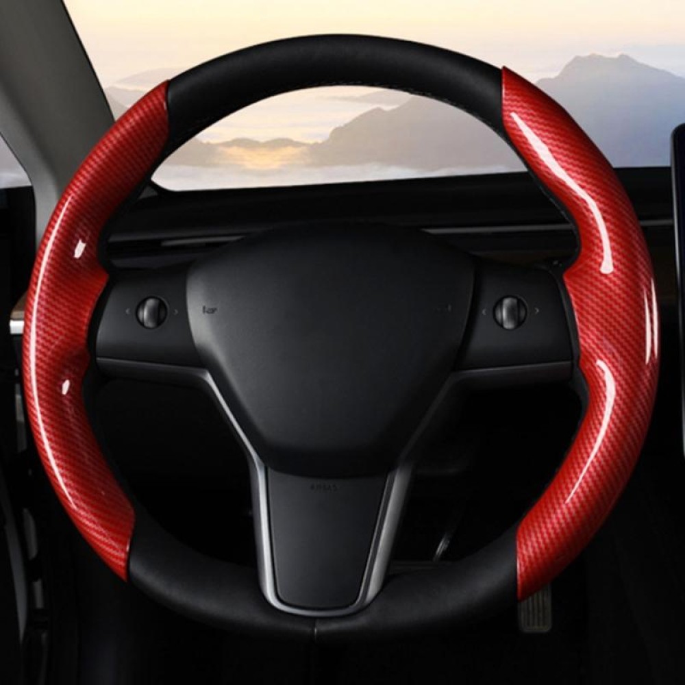 For Tesla Model3/Y 30cm Carbon Fiber Pattern Steering Wheel Handlebar Cover(Red)
