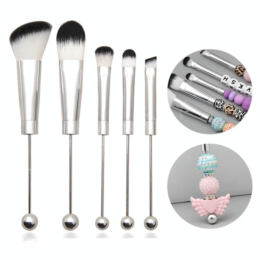 5-in-1  Metal Handle DIY Beaded Makeup Brush Set Blush Loose Powder Slanted Eye Shadow Brush, Color: Silver