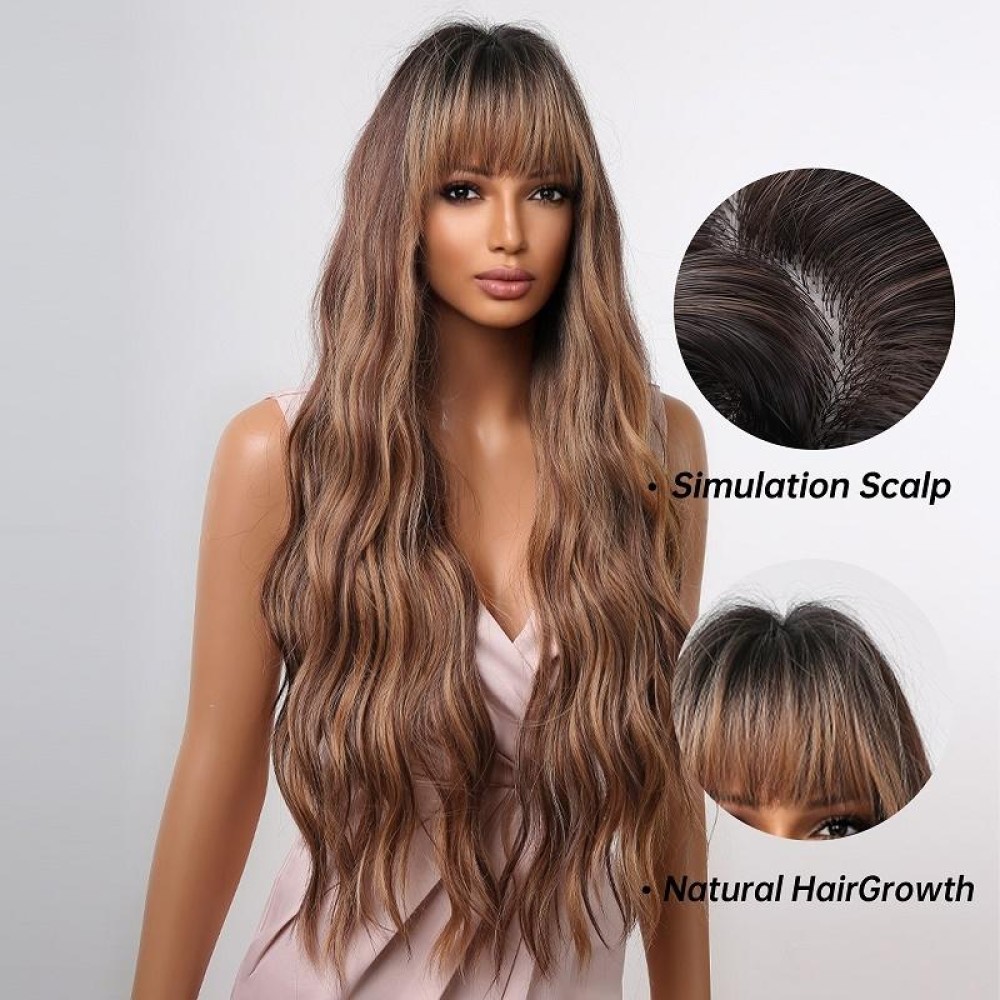 Women Long Hair Wig with Bangs Gradient Fluffy Water Ripple Curly Hair Wig, Color: Mixed Brown LC2039-1