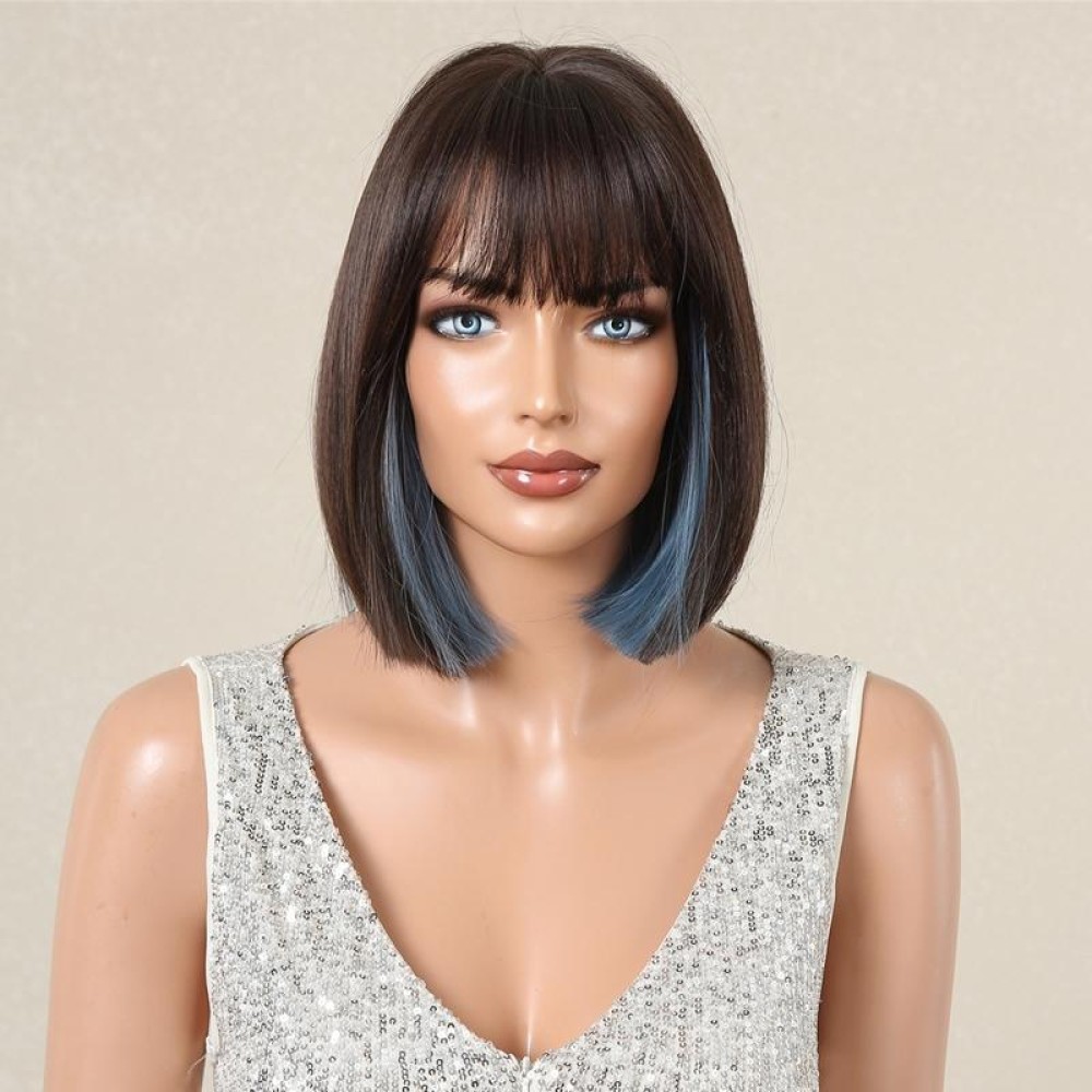 Women Full Bangs Bob Light Breathable Full Head Wig(Black Highlights Blue LC6229-2)