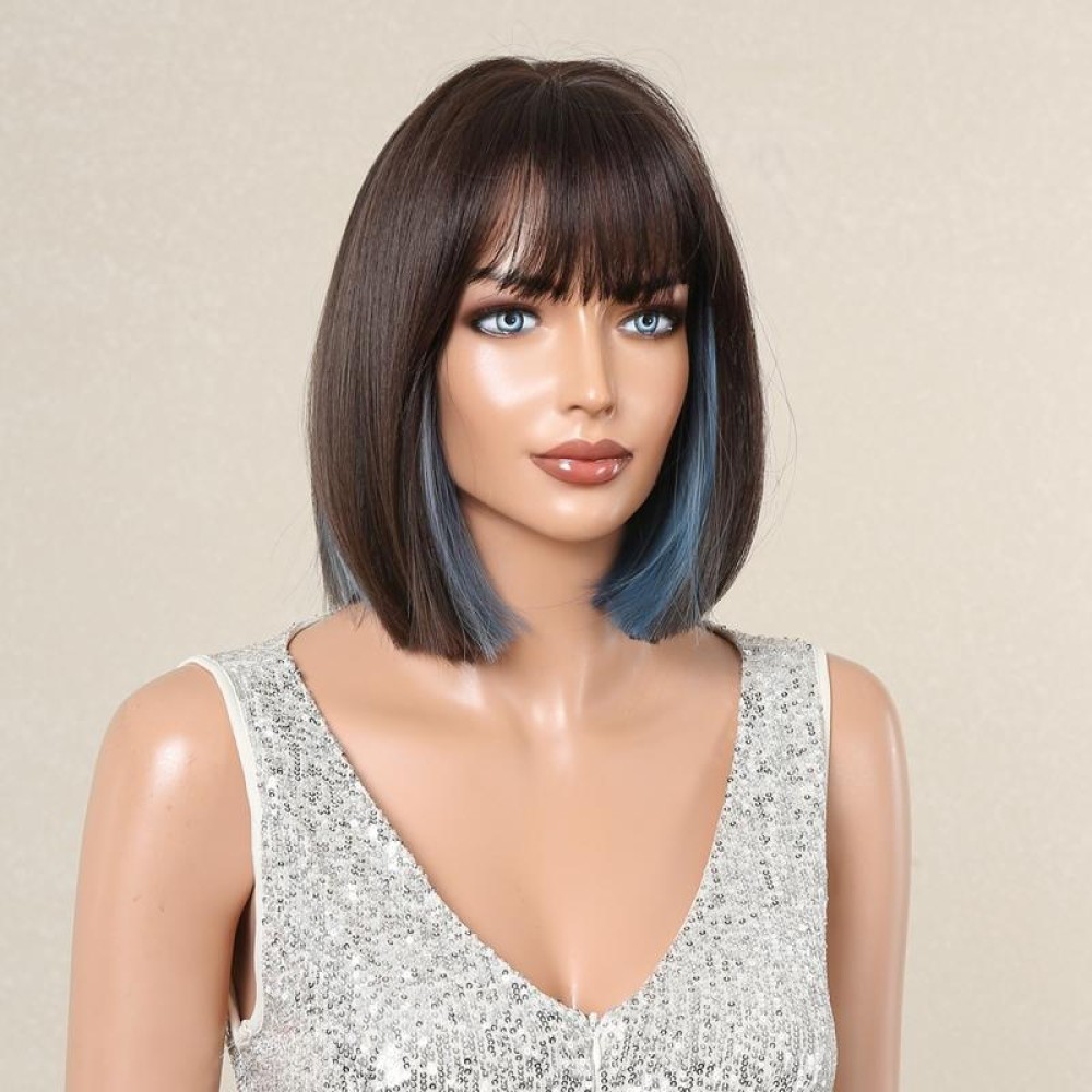 Women Full Bangs Bob Light Breathable Full Head Wig(Black Highlights Blue LC6229-2)