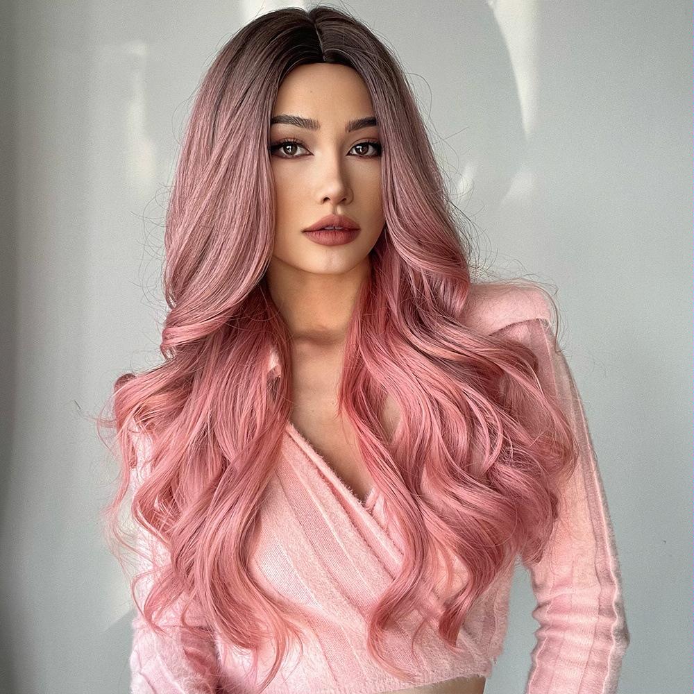 Gradient Pink Long Curly Chemical Fiber Wig Headgear(LC313)