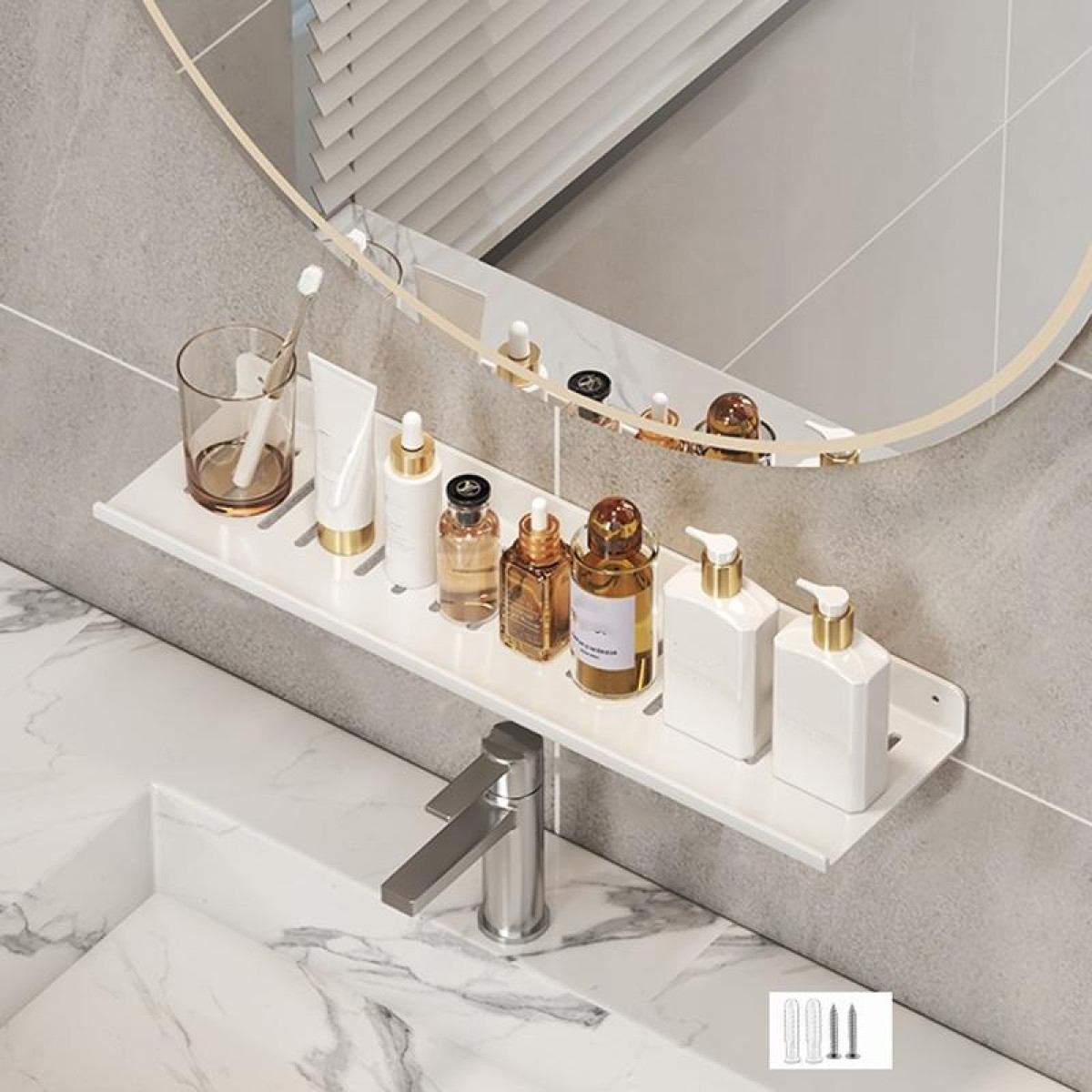 Faucet Rack Home Bathroom Vanity Shelf No Hole Storage Shelf, Length: 50cm (White)
