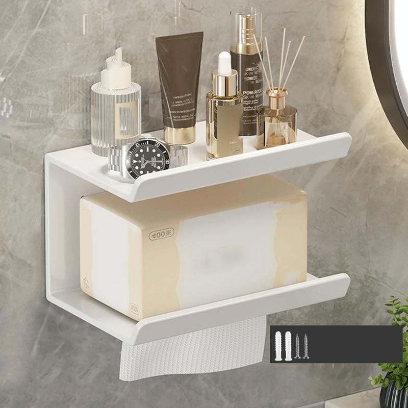 2 In 1 No-Punch Bathroom Shelf Household Paper Towel Cell Phone Toiletries Storage Rack(White)