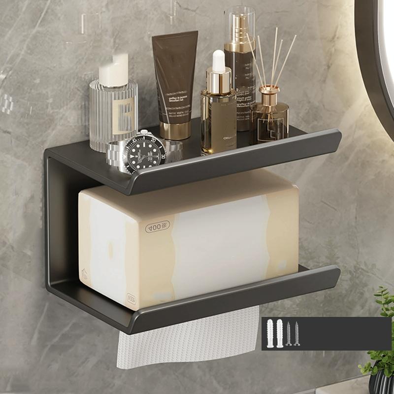 2 In 1 No-Punch Bathroom Shelf Household Paper Towel Cell Phone Toiletries Storage Rack(Black)