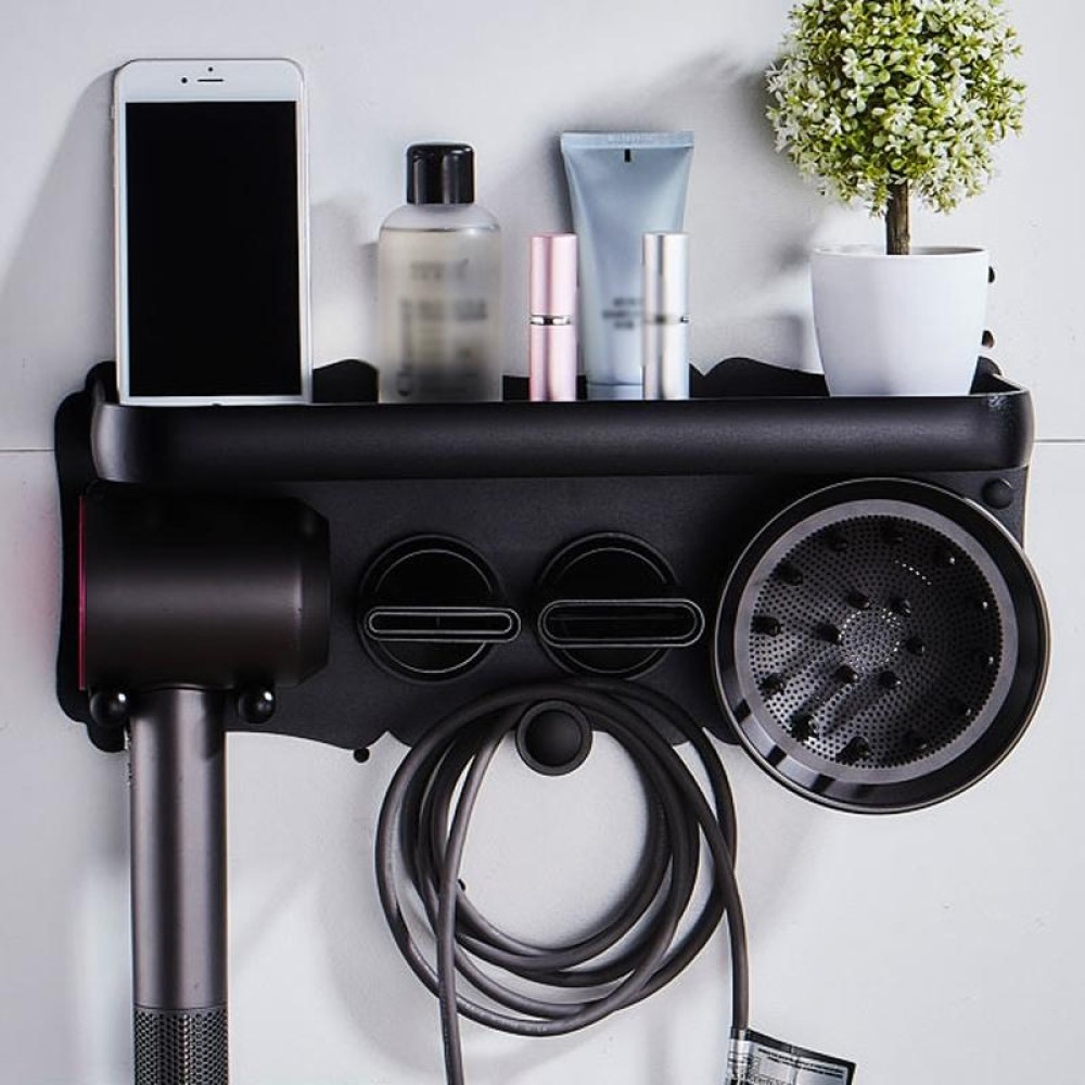 Wall Mounted Hair Dryer Holder Hole-Free Bathroom Space Aluminum Multifunctional Shelf, Style: Large Black