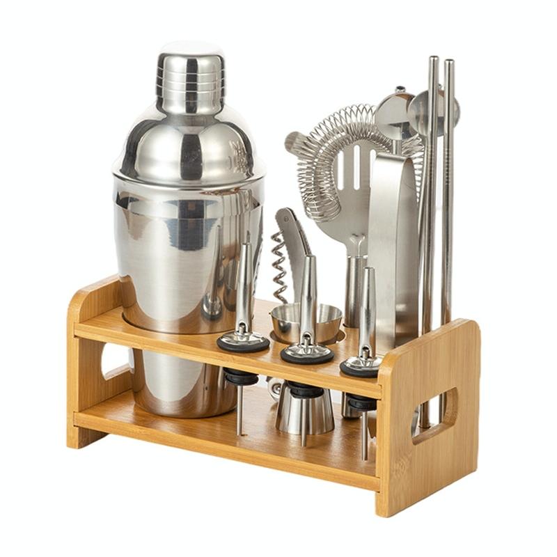 350ml 12 In 1 Stainless Steel Bartender Wooden Stand Set Cocktail Bartending Tools