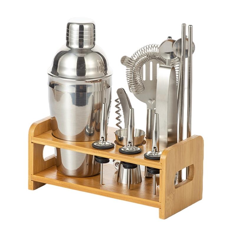 750ml 12 In 1 Stainless Steel Bartender Wooden Stand Set Cocktail Bartending Tools