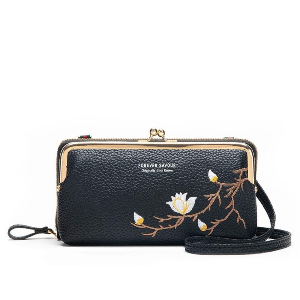 Embroidered Large Capacity Single-shoulder Phone Bag Crossbody Zipper Long Ladies Wallet, Color: Black