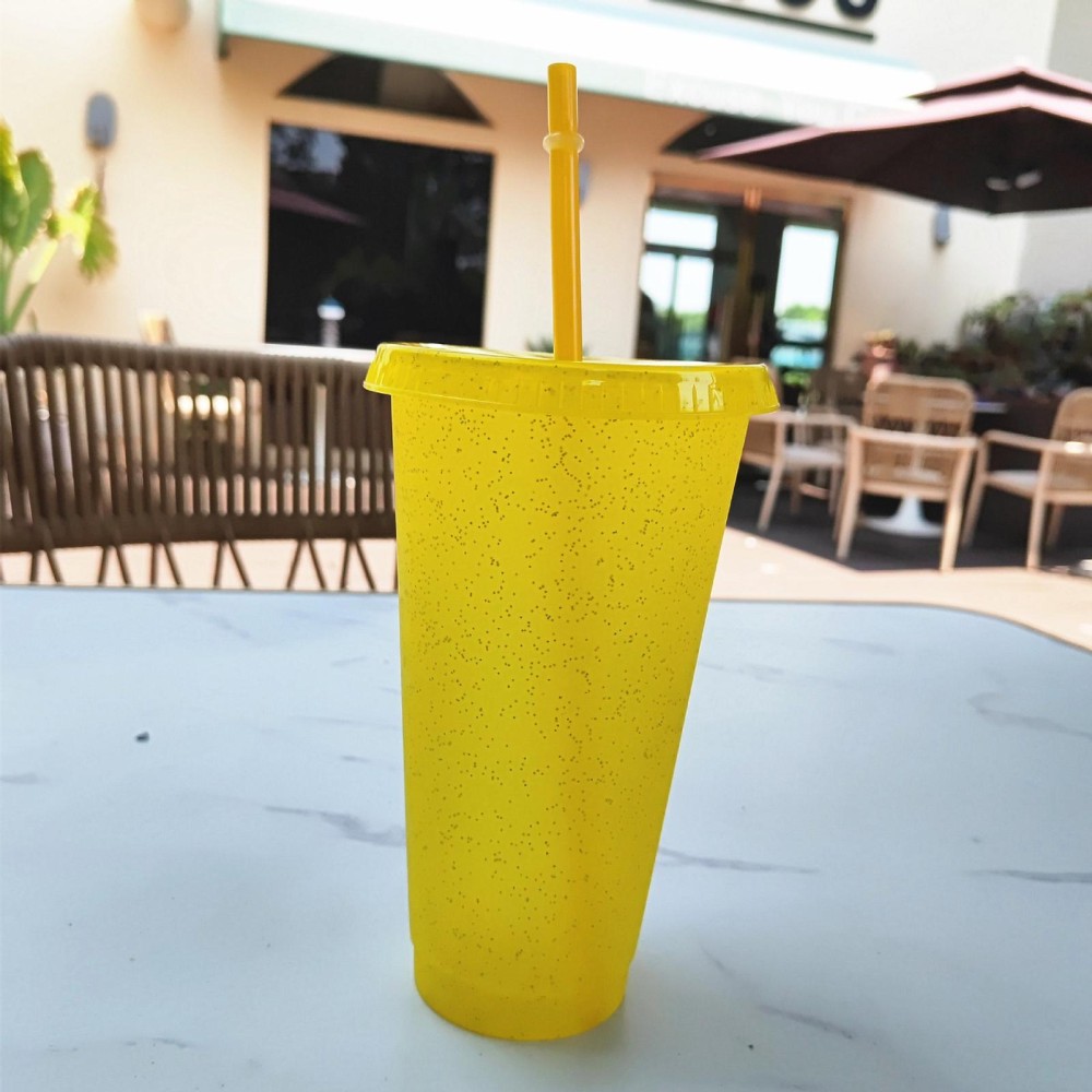 Large Summer Glitter Water Cup Plastic Ice Cold Drink Bottle with Straw(Yellow)