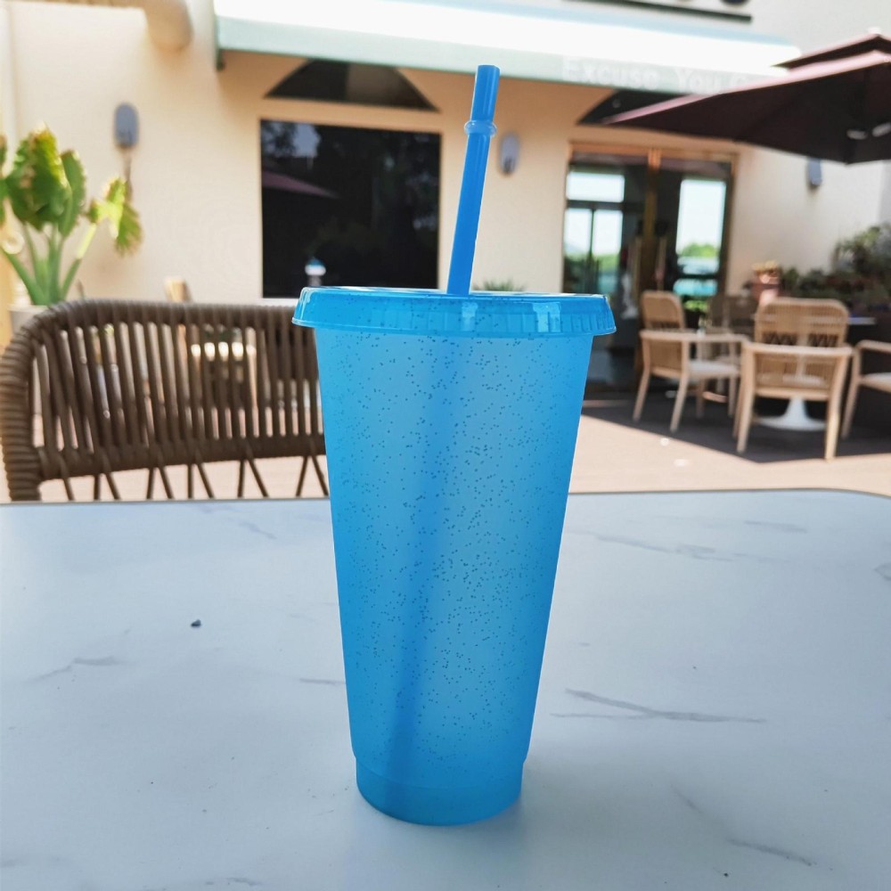 Small Summer Glitter Water Cup Plastic Ice Cold Drink Bottle with Straw(Light Blue)
