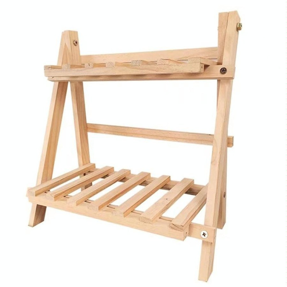 Living Room Wooden Double-layer Plant Pot Storage Rack Cosmetics Organizing and Decoration Rack(Wood-color)