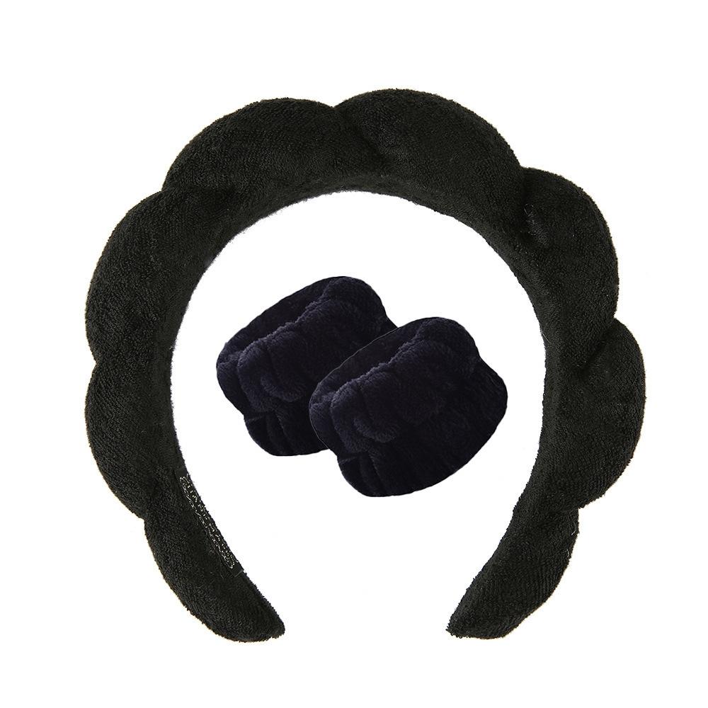 Skincare Headband Wrist Towels Set Women Puffy Headwear, Spec: Towel Cloth Black