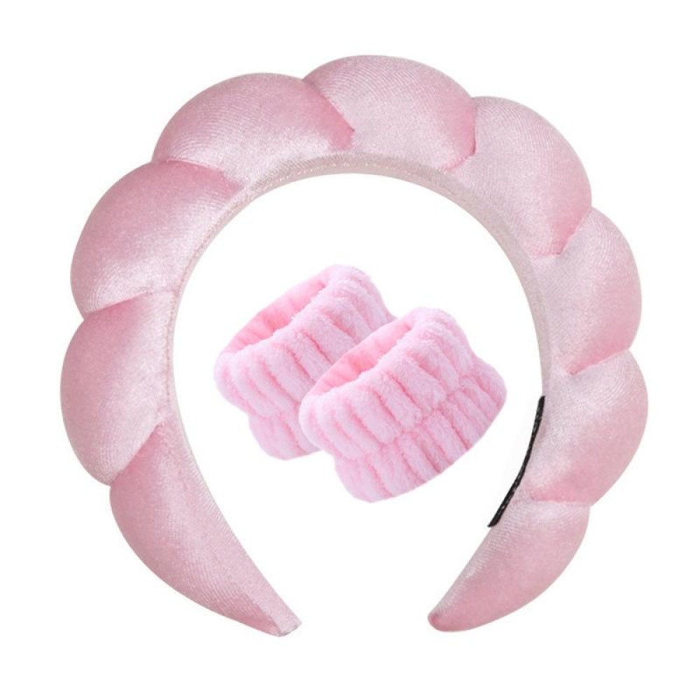 Skincare Headband Wrist Towels Set Women Puffy Headwear, Spec: Golden Velvet Pink