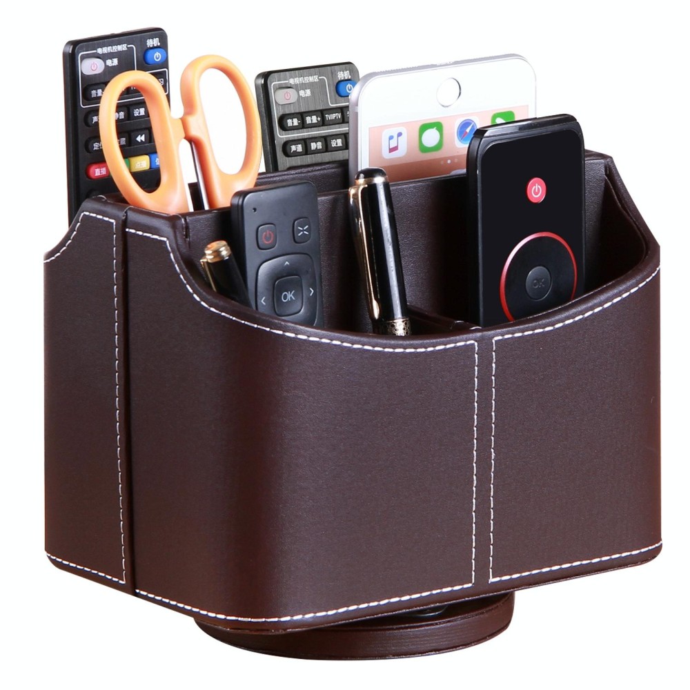 360 Degrees Rotating Desk Organizer Storage Box PU Leather Remote Control Holder, Style: Coffee