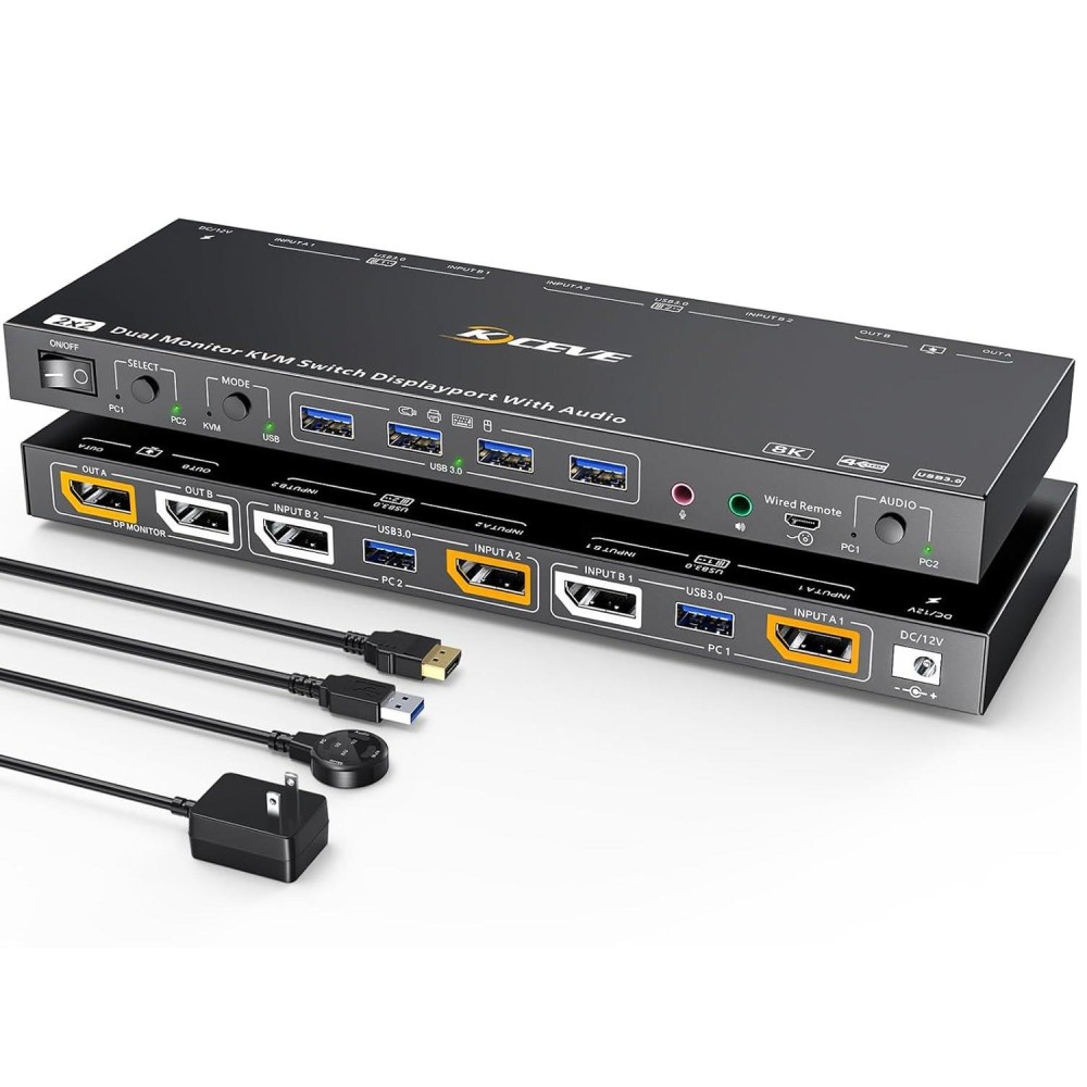 Displayport 1.4/8K KVM Switch Support KVM Mode and USB Mode with Voice Control