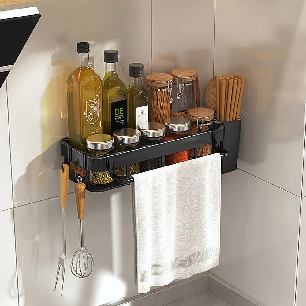 Wall-mounted Kitchen and Bathroom Storage Rack with 4 Hooks, Spec: Shelf + Pole+Cup