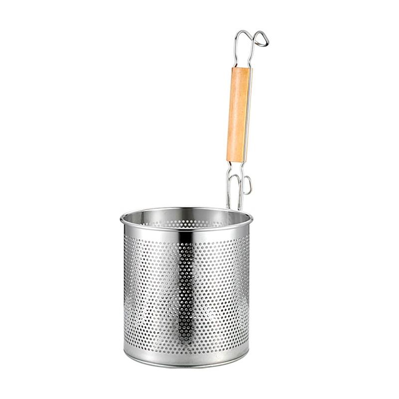 Household Stainless Steel Wooden Handle Spoon Kitchen Filtering Powder Oil Leakage Frying Basket, Model: 14cm Round Handle