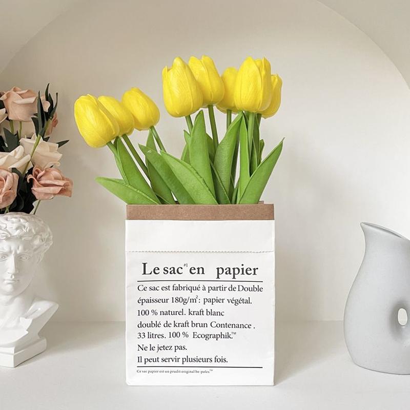 10 In 1 Tulip Bouquet With Paper Bag Home Decoration Simulation Flowers Paper Bag Floral Set Arrangement(Yellow)