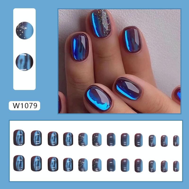 24pcs /Box Short Press On Nails Bling Aurora Nail Galaxy Blue Glitter Fake Nails(W1079)