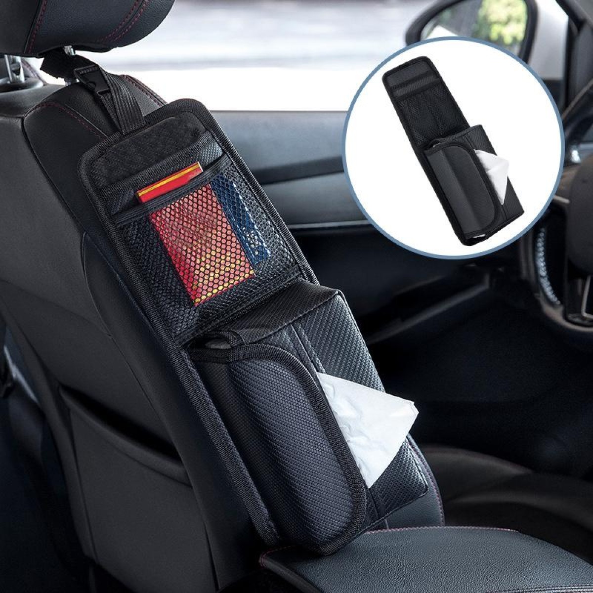 Car Seat Side Storage Hanging Bag Tissue Box, Model: H321 Carbon Fiber Pattern