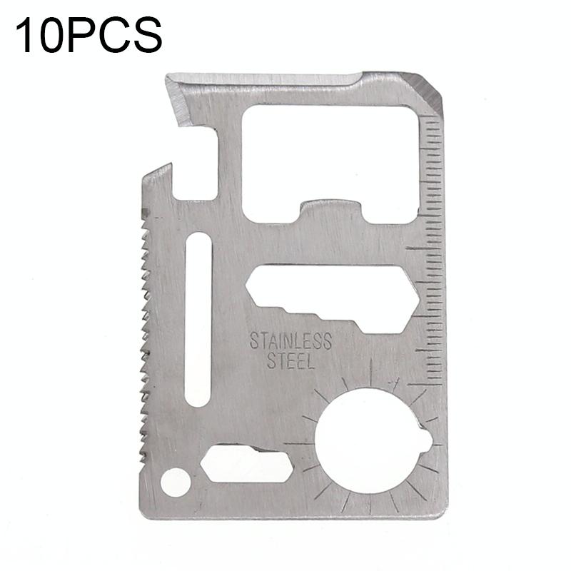 10 PCS 11 in 1 Outdoor Portable Multi-function Stainless Steel Hollow Tool Card Cutter with Leather Case, Size: 6.9 x 4.5cm(Silver)