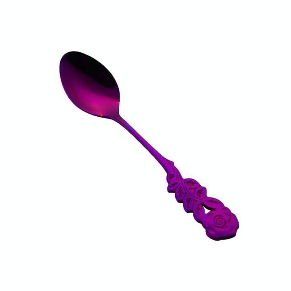 Small Mini Stainless Steel Rose Flower Coffee Spoon Strring Spoon Teaspoon Tea Spoon Dessert Spoon Long Handle Tableware(Purple)