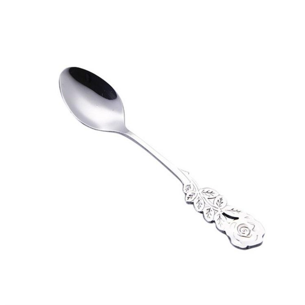 Small Mini Stainless Steel Rose Flower Coffee Spoon Strring Spoon Teaspoon Tea Spoon Dessert Spoon Long Handle Tableware(Silver)