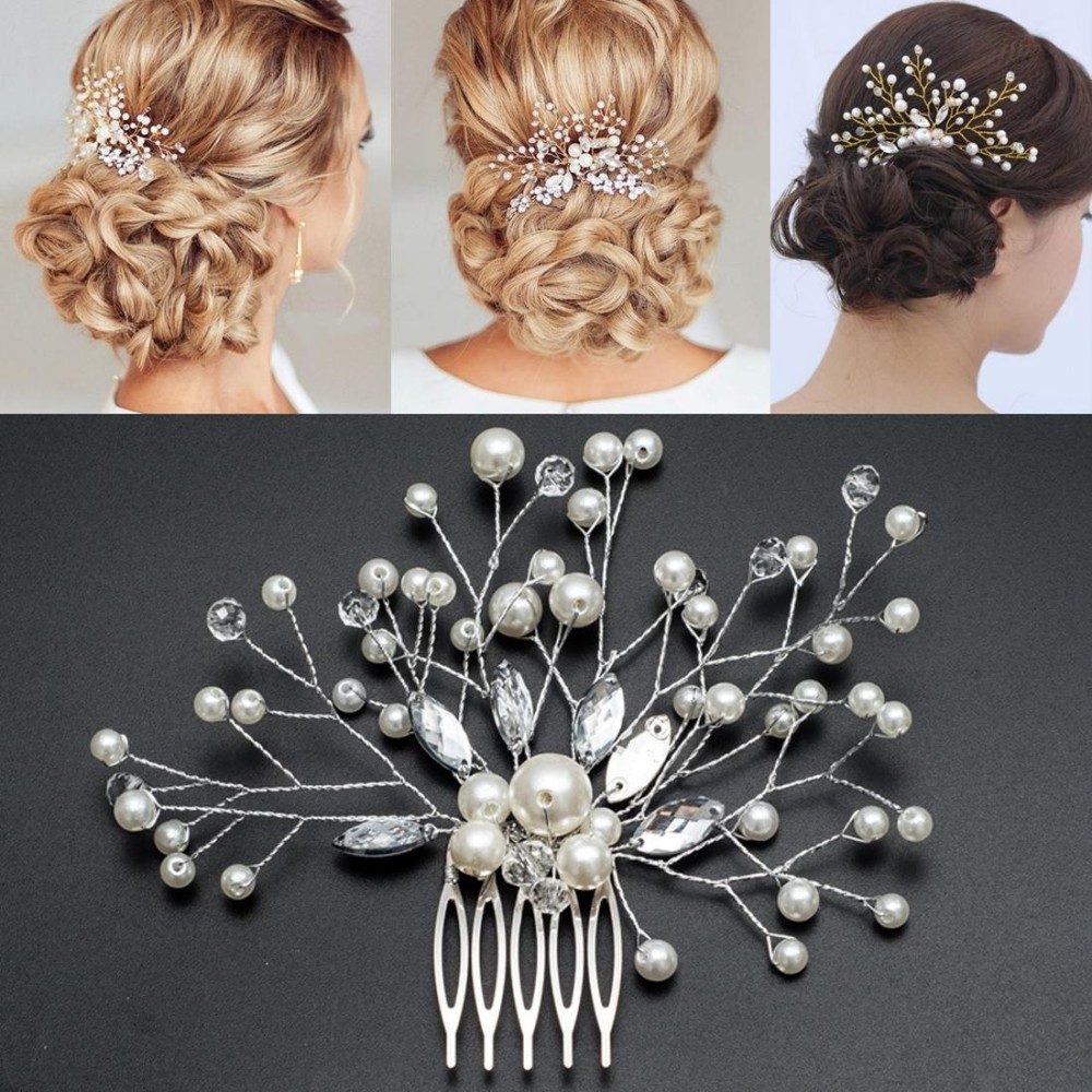 Pearl Women Hair Combs Wedding Hair Accessories Hair Pin Rhinestone Tiara Bridal Clip Crystal Crown Bride Hair Jewelry(Silver)