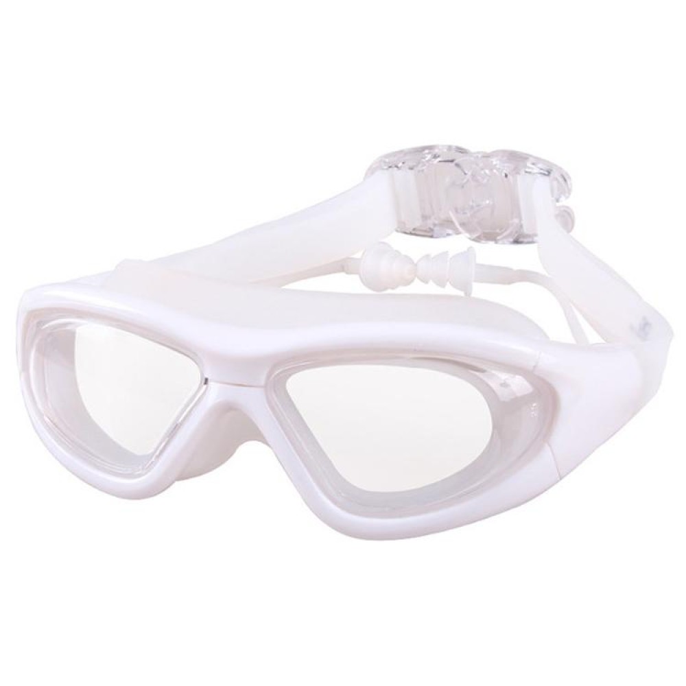 J8150 Eye Protection Flat Light Adult waterproof Anti-fog Big Frame Swimming Goggles with Earplugs(Transparent White)
