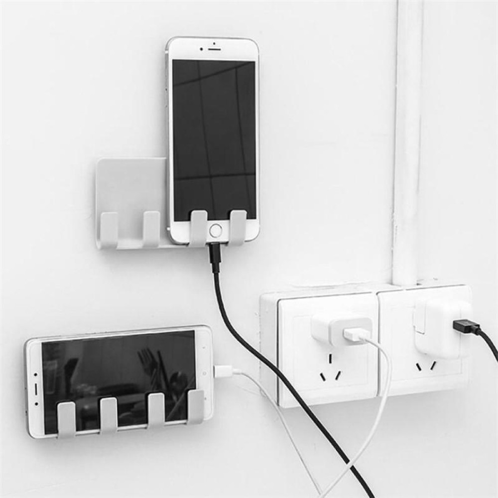 Practical Wall Sticking Phone Charging Holder Socket Strong Sticky Adhesive Sopport Rack Shelf With Hooks(Khaki)