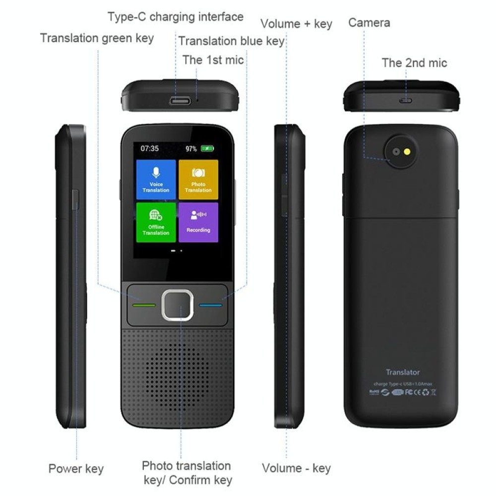T10 Portable WIFI Smart Voice Translator Smart Business Travel Real Time AI Translator Translation Machine(Black)