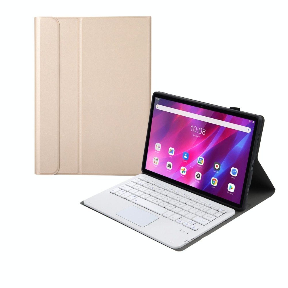 AK10-A 2 in 1 Detachable Bluetooth Keyboard + Lambskin Texture TPU Protective Leather Tablet Case with Touchpad & Holder for Lenovo Qitian K10 TB-X6C6X(Gold)