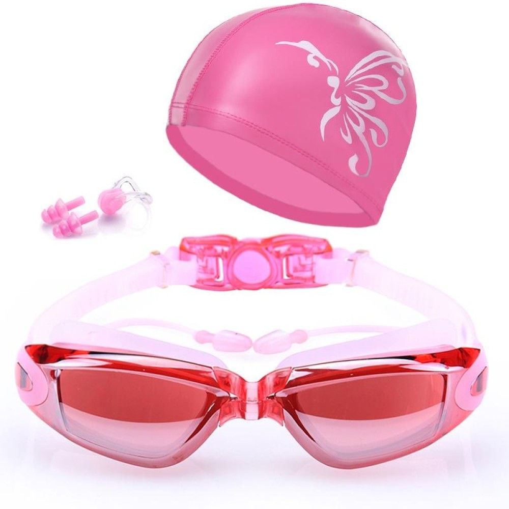 High-definition Waterproof Fogproof Swimming Goggles with Swimming Cap (Pink)