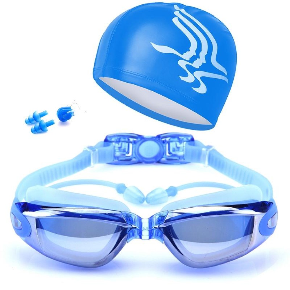 High-definition Waterproof Fogproof Swimming Goggles with Swimming Cap (Blue)