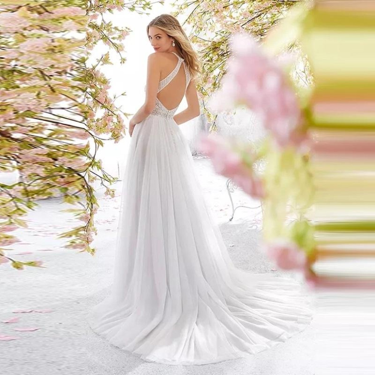 Women Sleeveless Halter Long Skirt Dress (Color:White Size:L)