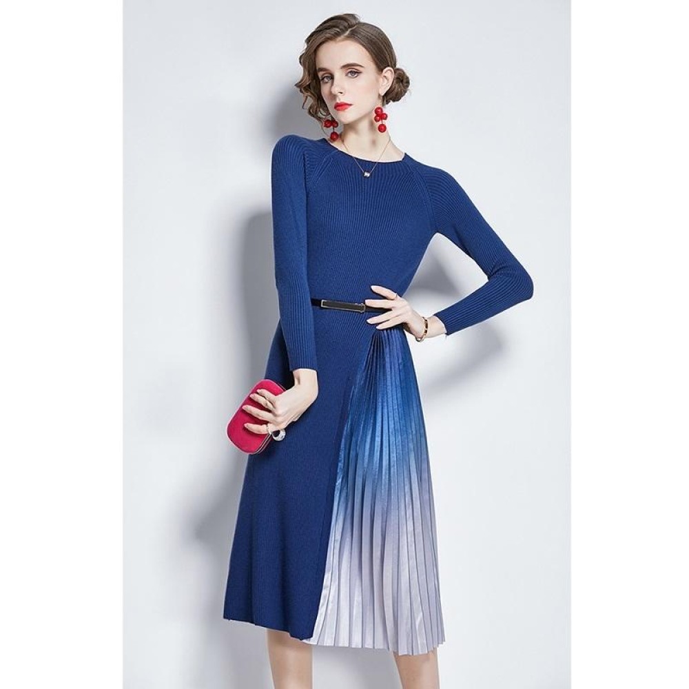 Mid-length Gradient Pleated Stitching Long-sleeved Knitted Dress (Color:Blue Size:XXL)