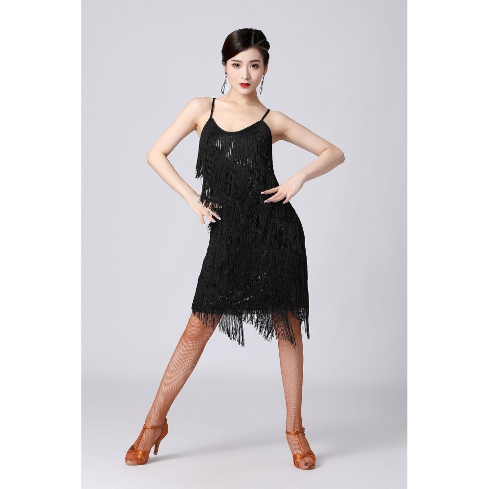 V-neck Suspender Sequined Fringed Latin Dance Dress Competition Performance Suit (Color:Black Size:L)