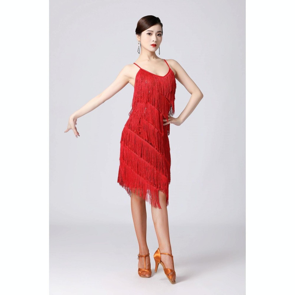 V-neck Suspender Sequined Fringed Latin Dance Dress Competition Performance Suit (Color:Red Size:M)