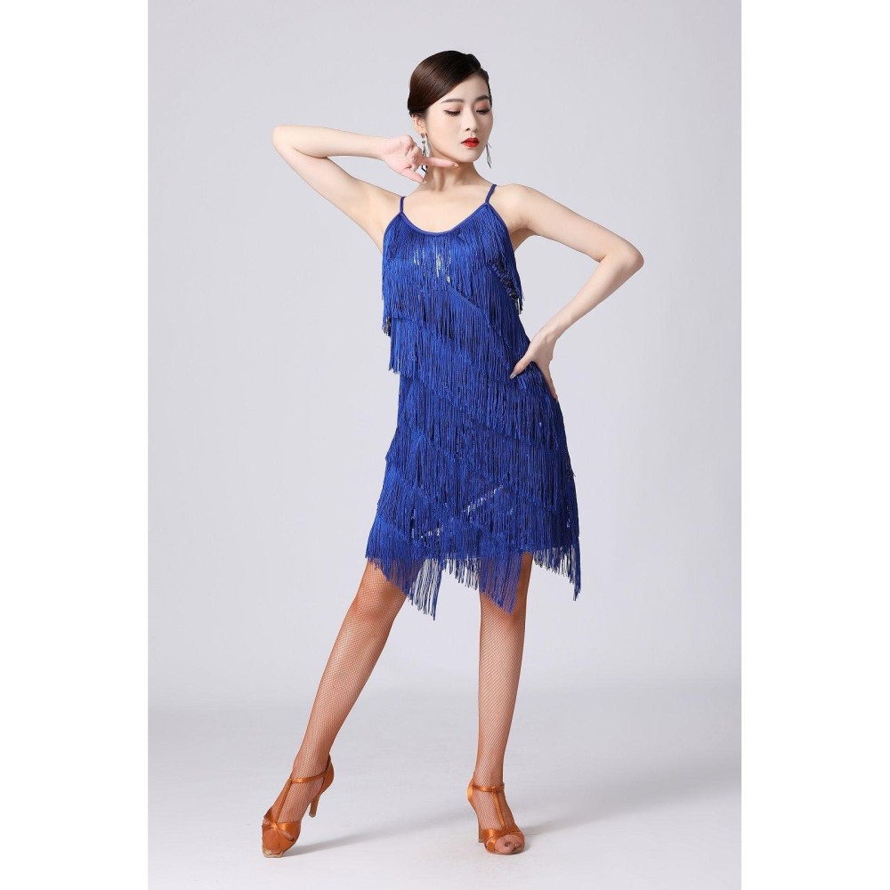 V-neck Suspender Sequined Fringed Latin Dance Dress Competition Performance Suit (Color:Sapphire Blue Size:M)